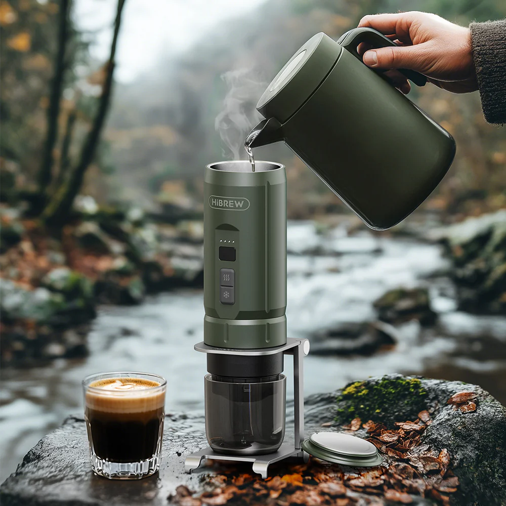 HIBREW H4C portable espresso maker in use outdoors